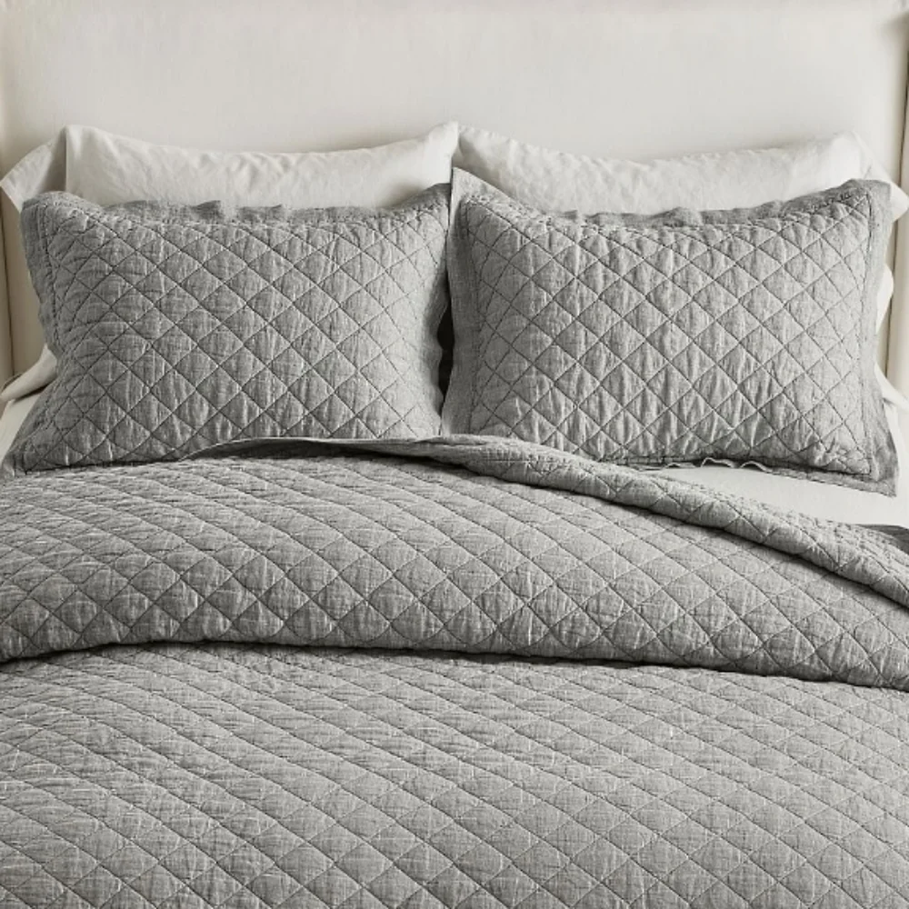 Pottery Barn Belgian Flax Linen Diamond Quilted Shams In Flagstone